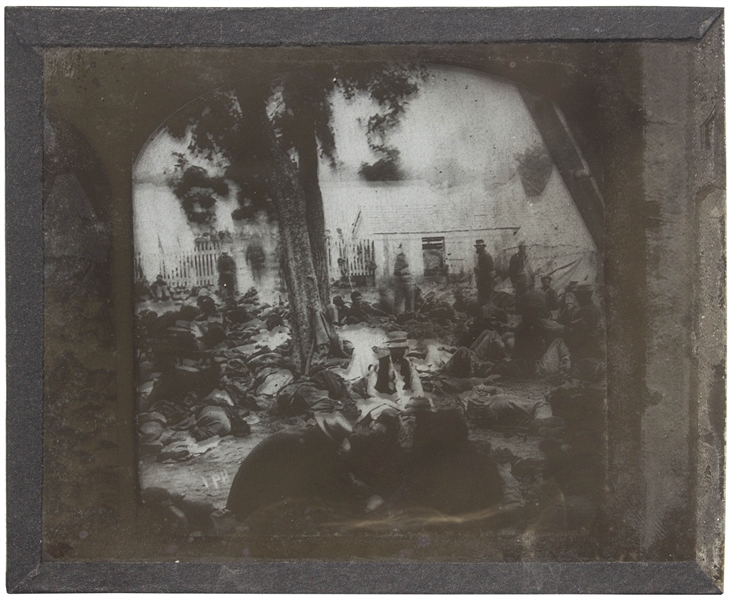 Civil War Magic Lantern Slide -- Showing Wounded Soldiers After the Battle of Savage's Station, About to Be Captured by Confederates